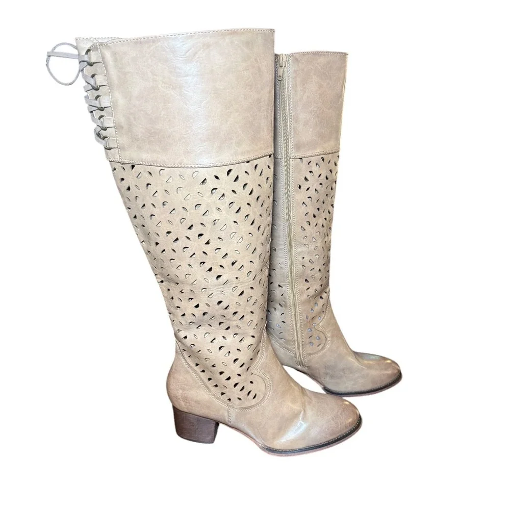 Boutique by Corkys Gabbie Taupe Perforated‎ Lace Up Back Tall Boots Womens 11
